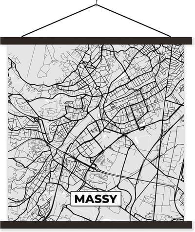 Posterhanger incl. Poster 60x60 cm - Schoolplaat - Kaart - Stadskaart - Frankrijk - Massy - Plattegrond - Textielposter - Zwarte latten - Stadskaart