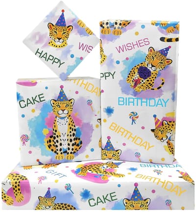 Dailygoods- Cadeaupapier Gelukkige Verjaardag - 6 Vellen - Luipaard/Leeuw - Duurzaam Papier - Verpakking voor Kinderen - Geschikt voor Knutselprojecten - Inpakpapier