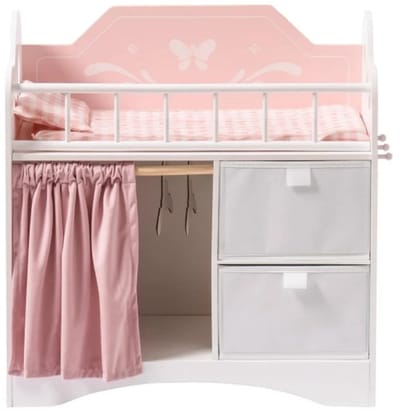 Boleen - Poppen Wieg - Poppenbed - Poppenbedje Hout - Poppen Meubilair - Met opberghok - Vanaf 3 Jaar - Roze