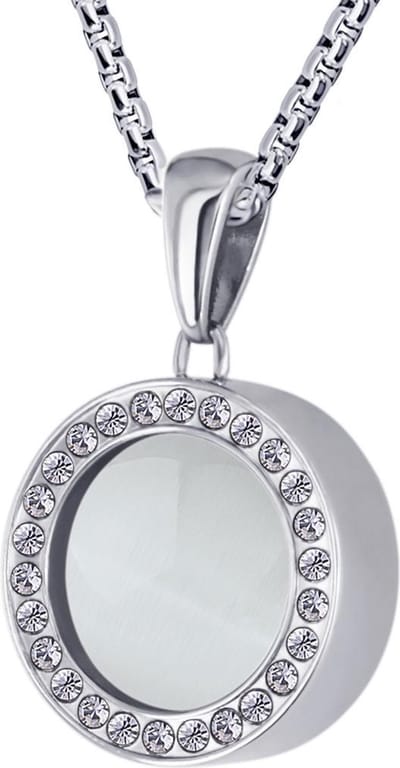 Quiges 12mm Mini Munt Hanger Zilverkleurig RVS Glans met Cat's Eye Beige Munt en Box Ketting Ankerketting 42-46cm