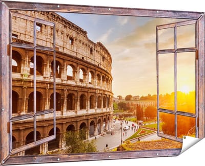 Gards Tuinposter Doorkijk Colosseum bij Zonsondergang in Italïe - 180x120 cm - Tuindoek - Tuindecoratie - Wanddecoratie buiten - Tuinschilderij