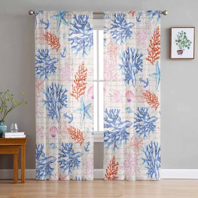 Zeester Schelpen Tule Raamgordijnen voor Slaapkamer Luxe Huisdecoratie Gordijnen in Woonkamer Chiffon Panelen 135W x 114H(cm) white