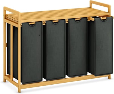 Core® Wassorteerder 4 vakken - Wasmand 4 vakken 200 Liter - Wasmand Met Opbergplank – Grijs - 81cm x 42cm x 80cm