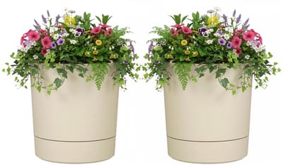 Mica Decorations Bloempot Coco - 2x - met onderschaal - beige - H37 x D35 cm - kunststof - buiten