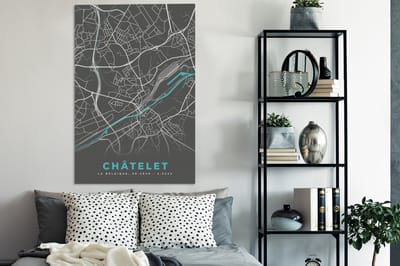 Canvas schilderij 90x140 cm - Wanddecoratie België – Châtelet – Stadskaart – Kaart – Blauw – Plattegrond - Muurdecoratie woonkamer - Slaapkamer decoratie - Kamer accessoires - Schilderijen