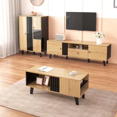 REDOM - Vitrinekast en sideboard - LED-verlichting - 2 deuren met glazen panelen en 3 legplanken - Moderne stijl - Woonkamer - Spaanplaat - Houtkleur - 80 x 120 x 40 cm