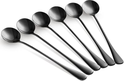 Alheco 6 lange ronde lepels – Latte macchiato – Dessertlepels set – 19,5cm – Sorbetlepels – IJslepels - Theelepels - Zwart