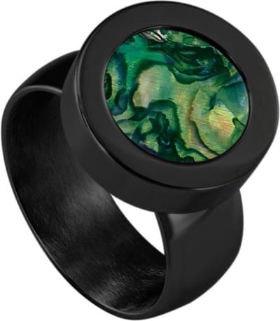 Quiges RVS Schroefsysteem Ring Zwart Glans 19mm met Verwisselbare Parelmoer Groen Schelp 12mm Mini Munt
