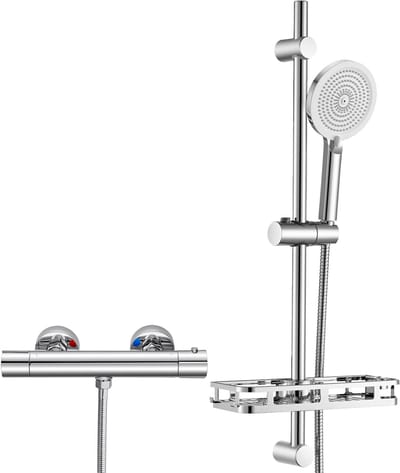 Auralum Max Doucheset - Thermostatische Douchekraan - 15 cm Hartafstand - 4 Standen Handdouche - Hoge Druk - 70 cm Glijstang - Veiligheidsfuncties - Waterbesparend - Chroom