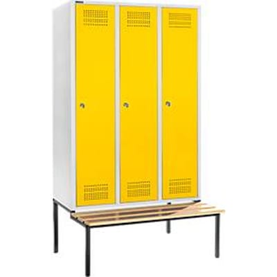 Schäfer Shop Genius Kledinglocker met zitbank, 3 compartimenten, 400 mm compartimentbreedte, cilinderslot, lichtgrijs/koolzaadgeel