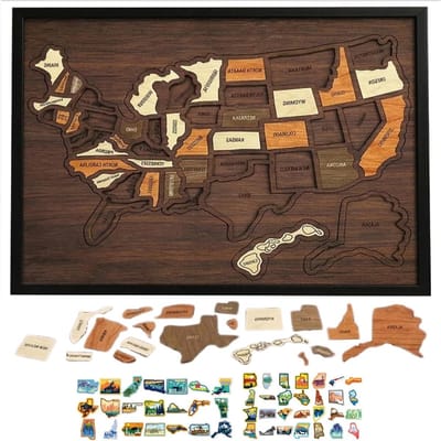Houten Reis Puzzel - Interactieve Kaart - Reizen Vastleggen - Gepersonaliseerd Record - 30.5 x 25.5 cm - Multicolor
