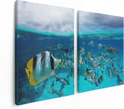 Artaza Canvas Schilderij Tweeluik Zwerm Gele Vissen in het Water - 120x80 - Foto Op Canvas - Canvas Print