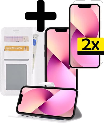 Hoesje - Met 2x Screenprotector - Geschikt voor Apple iPhone 14 - Luxe Pasjeshouder - Bookcase Portemonee - Flip Case - Kunstleer Book Case - Flipcase Hoes - Book Cover - Walletcase - Portemonneehoes - Telefoonhoesjes - Wit