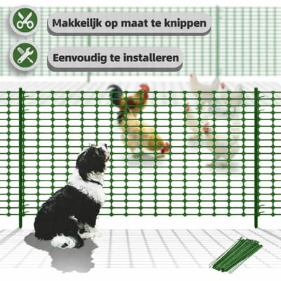 Hondenhek Tuin Complete Set – Kunststof Omheiningsnet met Stalen Palen & Kabelbinders – Tuingaas 1m Hoog – Tuinafsluiting voor Hond, Kat, Kip & Kleine Dieren – Groen – 25m