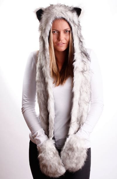 KIMU® Hood Grijze Wolf - Muts met Sjaal, Wanten en Oortjes - Faux Fur Grijs Bont Berenmuts Bontmuts Flappen Capuchonmuts Spirit Festival