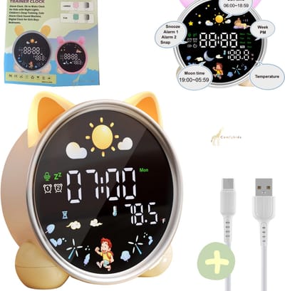 Kinderwekker met Slaattraining – Nachtlampje 3 standen – LED kleuren – Dubbel alarm – Rustgevende slaapgeluiden – Temperatuurweergave – Model 2026