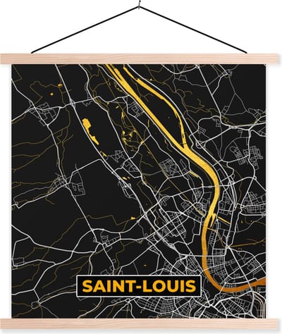 Posterhanger incl. Poster 40x40 cm - Schoolplaat - Plattegrond – Saint-Louis – Stadskaart – Kaart – Frankrijk - Textielposter - Blanke latten - Stadskaart