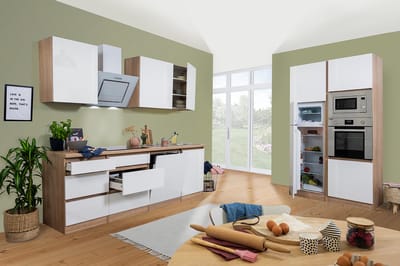 Goedkope keuken 345 cm - complete keuken met apparatuur Lorena - Eiken/Wit - soft close - inductie kookplaat - vaatwasser - oven - magnetron - spoelbak