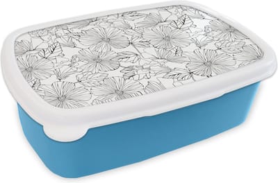 Broodtrommel Blauw - Lunchbox - Brooddoos - Bloemen - Zwart - Wit - Design - Flora - 18x12x6 cm - Kinderen - Jongen