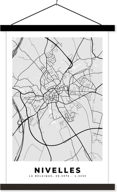 Posterhanger incl. Poster 40x60 cm - Schoolplaat - Stadskaart – Zwart Wit - Kaart – Nivelles – België – Plattegrond - Textielposter - Zwarte latten - Stadskaart