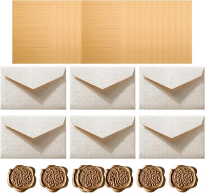 Vintage Schrijfpapier en Enveloppen Set met 24 Stukken Stationery, 6 Waskralen en 6 Enveloppen voor Cadeaus, Bruiloften en Verjaardagen