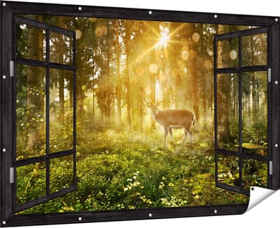 Gards Tuinposter Doorkijk Hert in Bos met Zon - 180x120 cm - Tuindoek - Tuindecoratie - Wanddecoratie buiten - Tuinschilderij