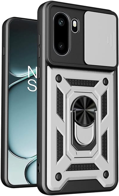 MobyDefend Hoesje - Geschikt voor OnePlus 15R - Pantsercase Met Draaibare Ring - Zilvergrijs