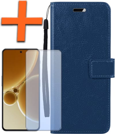 Hoes - Met Screenprotector - Geschikt voor OnePlus Nord 3 - Luxe Pasjeshouder - Bookcase Portemonee - Flip Case - Kunstleer Book Case - Flipcase - Book Cover - Walletcase - PortemonneeHoes - Donkerblauw