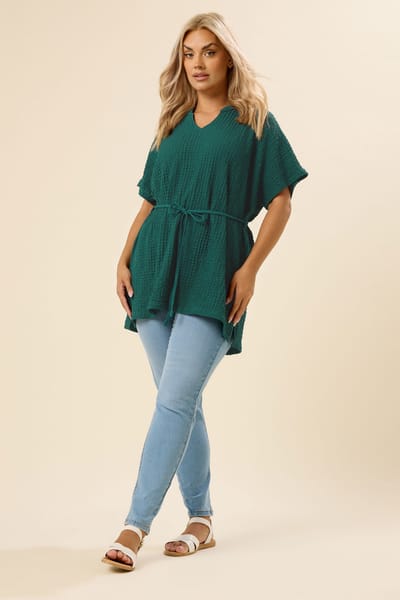 Yours Tuniek Met Textuur En Strikdetail In Blauwgroen Size 48