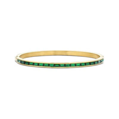 CO88 Collection 8CB-91237 Stalen Armband met Zirkonia Steentjes - Bangel - Zirkonia Baquette - 4mm Breed - 17cm -Groen - Goudkleurig