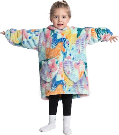Zebra fleece hoodie deken met mouwen - fleece poncho voor kinderen – fleece plaid met mouwen - maat 98/128 – lengte 60 cm – warm & zacht – relax outfit kids – multicolor - Badrock