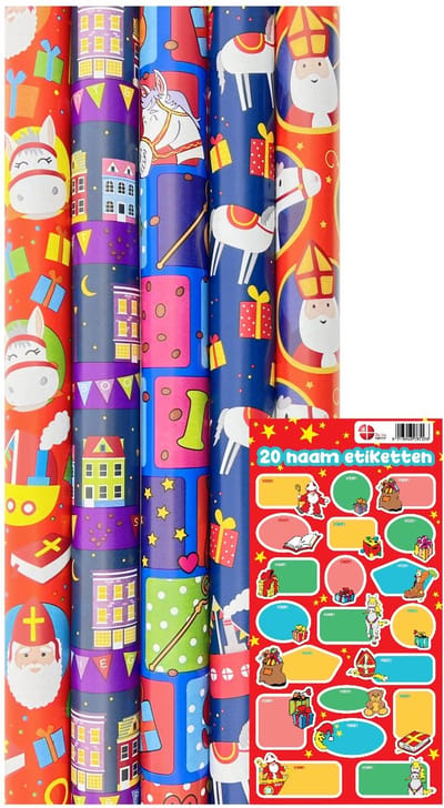 Sinterklaas cadeaupapier - Plastic vrij inpakpapier pakpapier - 5 meter x 70 cm - 3 rollen en 20 naam labels