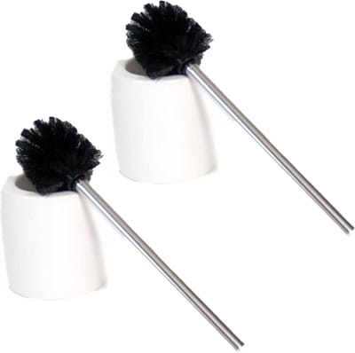 2x stuks wc/toiletborstels met houders keramiek zwart/wit 39 cm van RVS - Toilet/badkameraccessoires wc-borstel