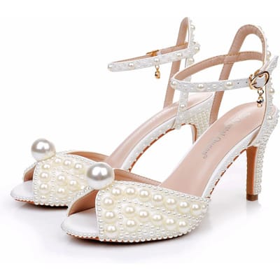 11 cm Ultraslanke Hoge Hak Sandalen met Vismond Holle Ondiepe Mond Gesp Grote Maat Ronde Neus Hoge Hakken Parel Bruids Bruiloft Schoenen 36 white