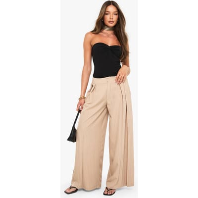 boohoo Dames Geweven Pinstripe Broek met Extreme Wijde Pijpen | Steen | Maat: 34