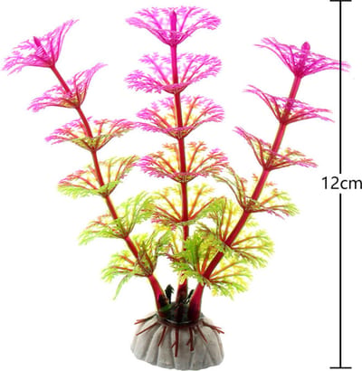 Aquarium plantje op nep steen - Kunstplant roze/groen - Waterplant 12 cm - Geschikt voor terrarium