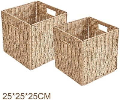 Handgeweven opbergmand voor kubus kasten - 2 stuks opvouwbare wilgen manden 25x25x25 cm - Voor woonkamer, slaapkamer en kinderkamer