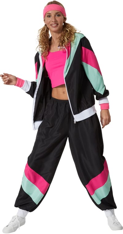 dressforfun - dameskostuum retro 80er 90er jaren joggingpak - zwart, S - Verkleedkleding carnaval - Halloween - Verkleden - Feestkleding - Carnavalskleding - Feest - Partykleding