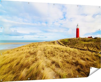 Gards Tuinposter Vuurtoren met Duinen in Texel - 180x120 cm - Tuindoek - Tuindecoratie - Wanddecoratie buiten - Tuinschilderij