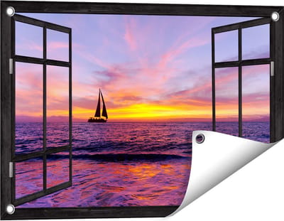 Gards Tuinposter Doorkijk Zeilboot Silhouet bij Zonsondergang - 60x40 cm - Tuindoek - Tuindecoratie - Wanddecoratie buiten - Tuinschilderij