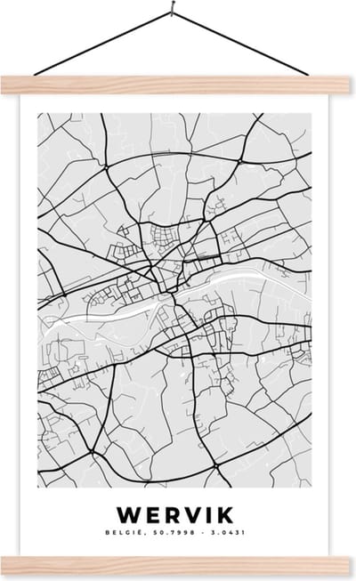 Posterhanger incl. Poster 40x60 cm - Schoolplaat - België – Wervik – Stadskaart – Kaart – Zwart Wit – Plattegrond - Textielposter - Blanke latten - Stadskaart