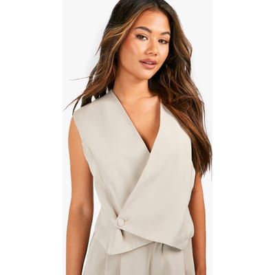 boohoo Dames Asymmetrisch vest met knoopsluiting aan de voorkant | Taupe | Maat: 36