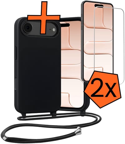 Hoesje Geschikt voor iPhone Air Hoes Met Telefoonketting Met 2x Screenprotector - Backcover Geschikt voor iPhone Air Case Met Koord - Zwart