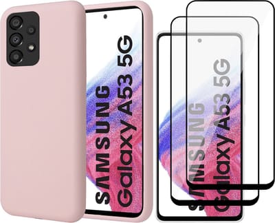 Hoesje geschikt voor Samsung Galaxy A53 - Matte Back Cover Microvezel Siliconen Case Hoes Roze - 2x Full Tempered Glass Screenprotector