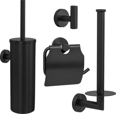 VDN Stainless Toiletaccessoireset zwart 4-delig - Toiletborstelhouder - Toiletrolhouder met klep - Handdoekhaakje - Reserverolhouder