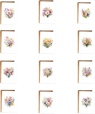 Set 12 Minimalistische Wenskaarten Met Bloemen - Zonder tekst – Blanco kaarten voor meerdere gelegenheden - Ansichtkaarten - (incl. envelop, 10x15 cm)
