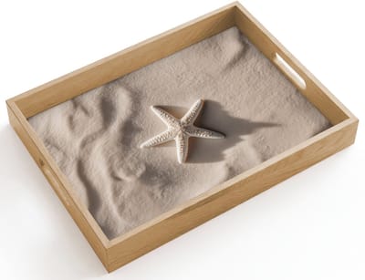 Dienblad hout 40x30 cm - Schootdienblad - Strand - Zeester - Zand - Beige - Borrelplank rechthoek - Plateau dienbladen