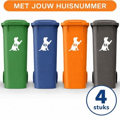 Container Stickers XL - 4 stuks - Hondje met Huisnummer - Sticker voor Afvalcontainer / Kliko - Klikosticker