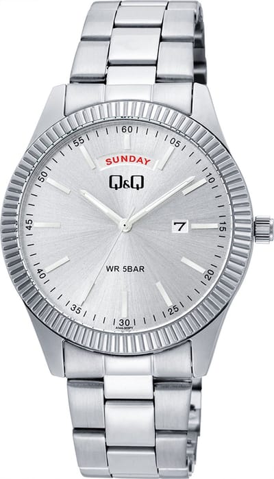Q&Q A14A-003PY - Horloge - Heren - Mannen - Stalen band - Rond - Metaal - Datumaanduiding - Strepen - Zilverkleurig