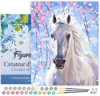 Figured'Art Schilderen op Nummer Volwassenen met lijst - Wit paard en bloemen - Handwerk acrylverf Kit DIY Compleet - 40x50cm Canvas al ingelijst